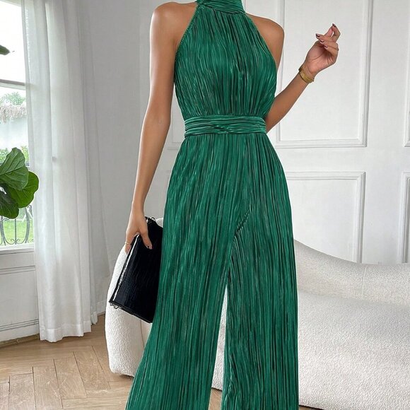 Green Casual Women's Sleeveless Halter Neck Wide Leg Jumpsuit